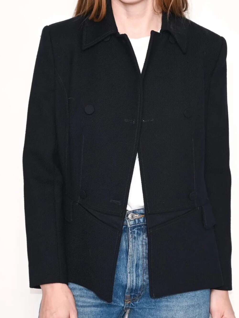 REISS Black Dark Navy Chic Luxury Feminine Wool Double Breasted Coat Blazer Sz 0